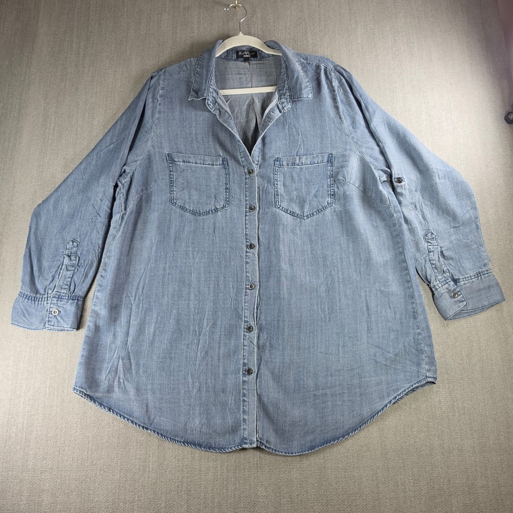 Velvet Heart Button Down Women 1X Blue Tencel Roll Tab Sleeve GLW-22871X